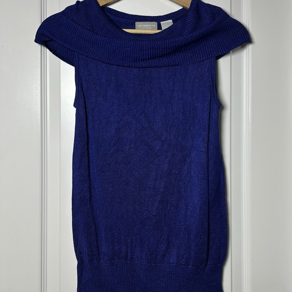 Liz Claiborne Collection 2000s 100% Silk Blue Knit Off‎ the Shoulder Tunic Top